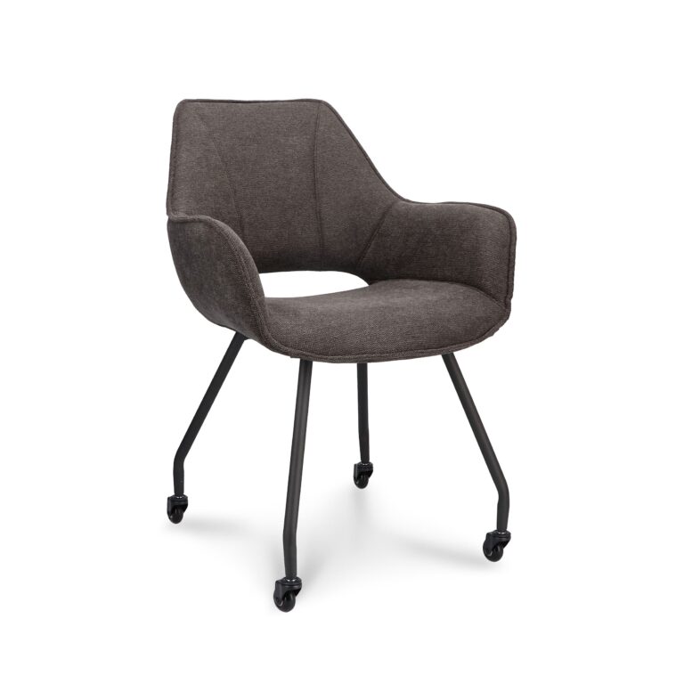 Isabell spisebordsstol, m. armlæn og skatehjul - antracitgrå stof og sort metal