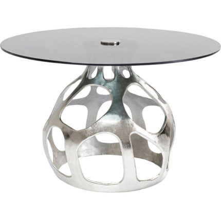 KARE DESIGN Volcano Silver spisebord, rund - røgfarvet glas og sølv aluminium (Ø120)