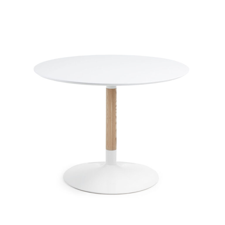 LAFORMA Tic spisebord, rundt - hvidt MDF, natur ask og hvidt metal (Ø 110)