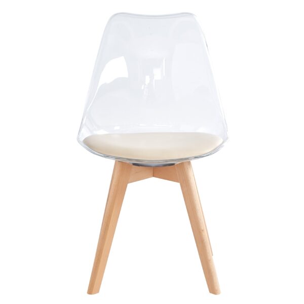 NORDLYS Carmen spisebordsstol - klar plast, beige kunstlæder og natur bøg