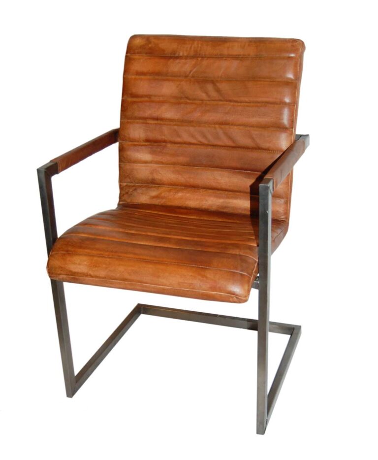 TRADEMARK LIVING Cool spisebordsstol - ægte brunt læder og jern, m. armlæm