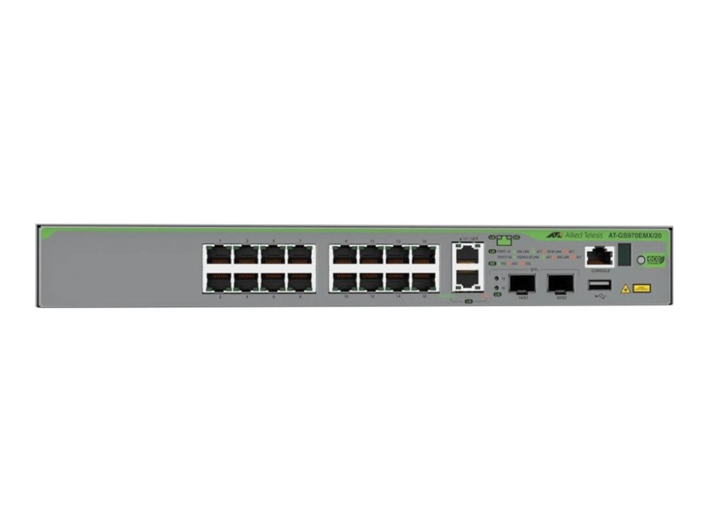 Allied Telesis Centrecom At Gs970emx 20   Switch   L3 Lite   Administreret   16 X 10 100 1000 + 2 X 1 2.5 5 10gbase T + 2 X 1 Gigabit   10 Gigabit Sf fra Allied Telesyn International