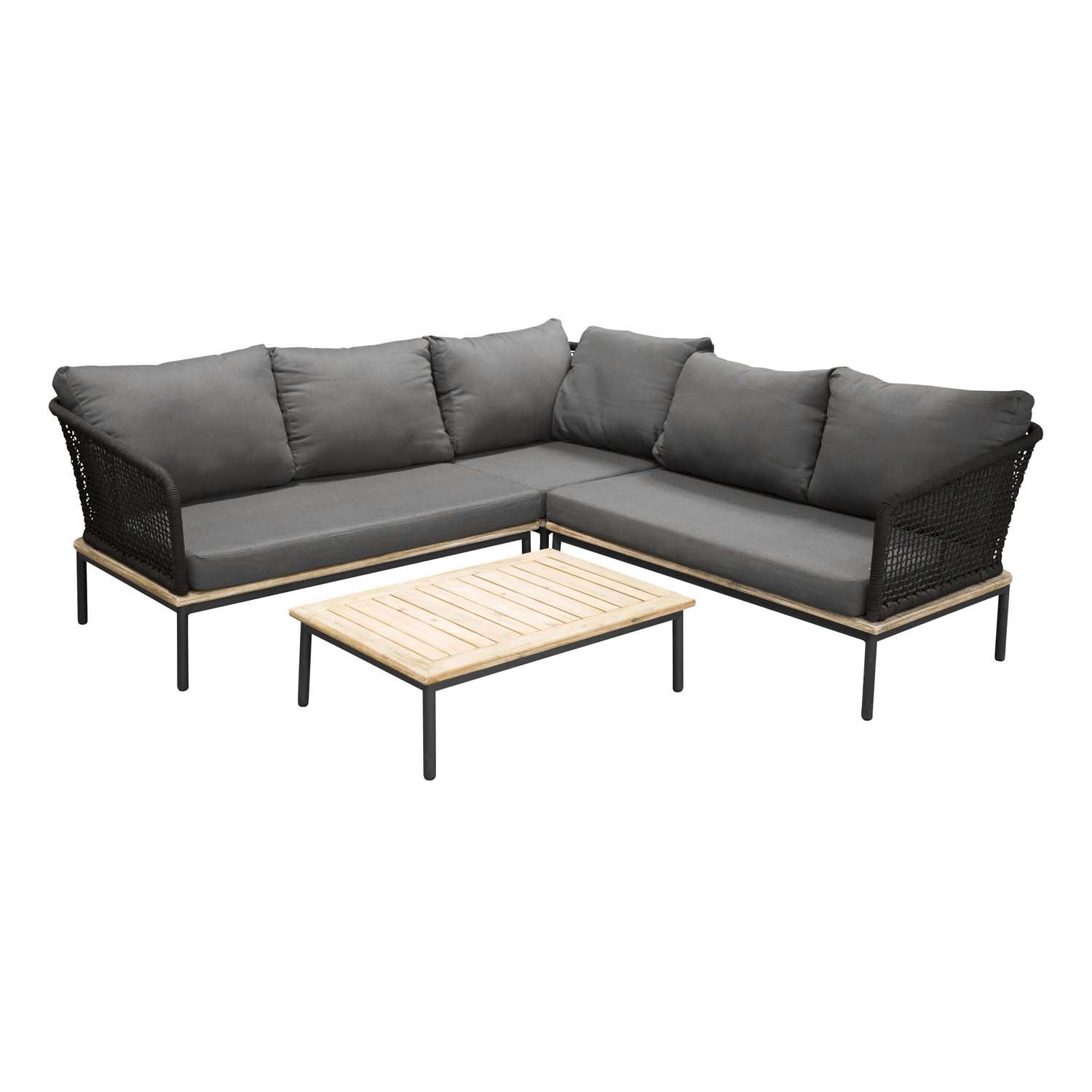 Venture Design Andorra Hjørne Havesofa    Hynder Grå  Natur Akacietræ  Sort Aluminium   Reb